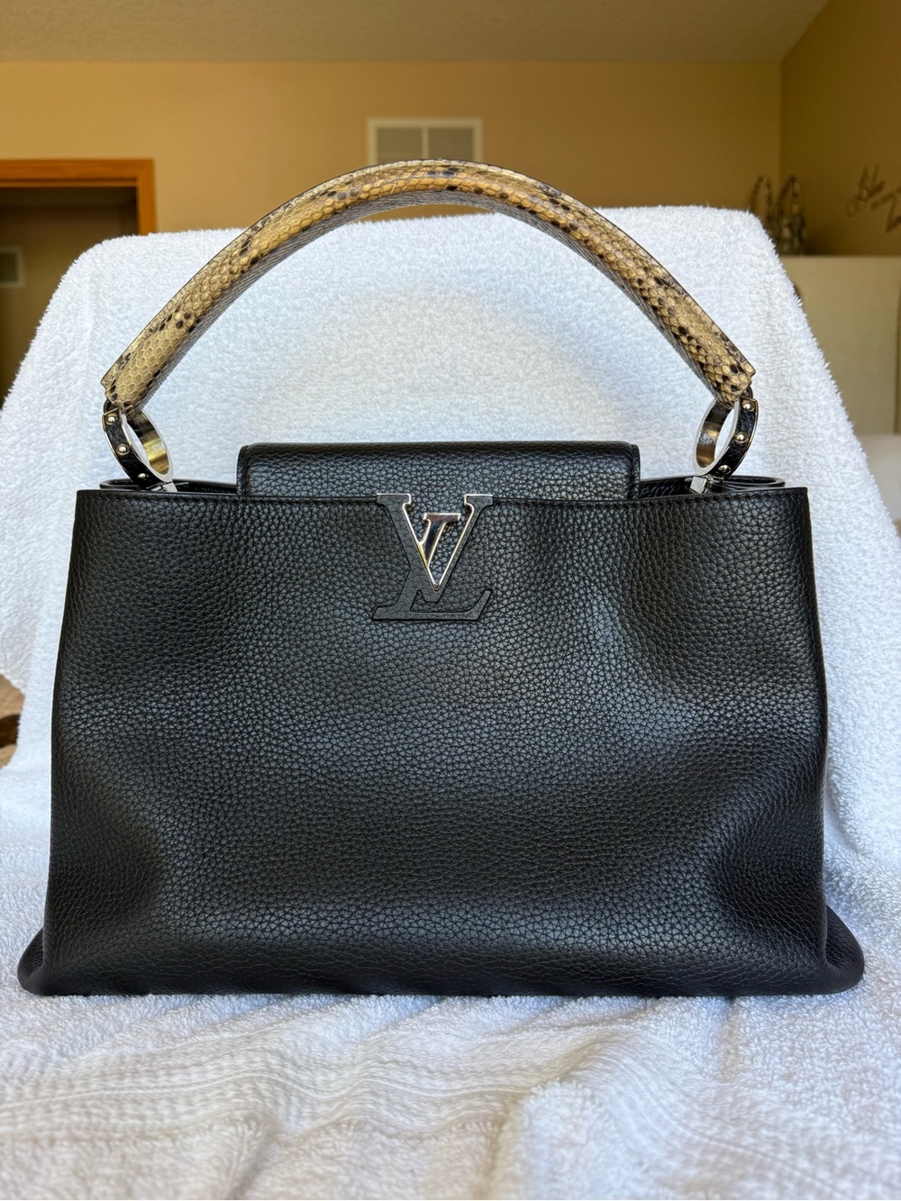 Louis Vuitton Black Leather Shoulder Bag with Snakeskin Top Handle